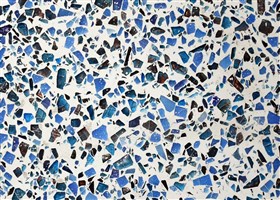 White polished  terrazzo flooring with blue glass aggregate 